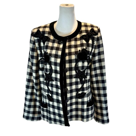 Vintage Escada by Margaretha Ley Checked Wool Jacket- Embellished Blazer - Picture 3 of 11